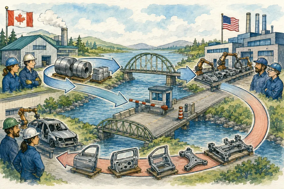 Canadian steel and aluminum moving through an integrated Canada–United States auto-parts supply chain across a border bridge