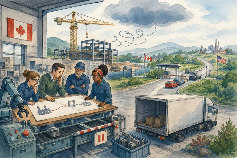 Canadian manufacturing team pausing an expansion plan as a truck and border checkpoint show export uncertainty