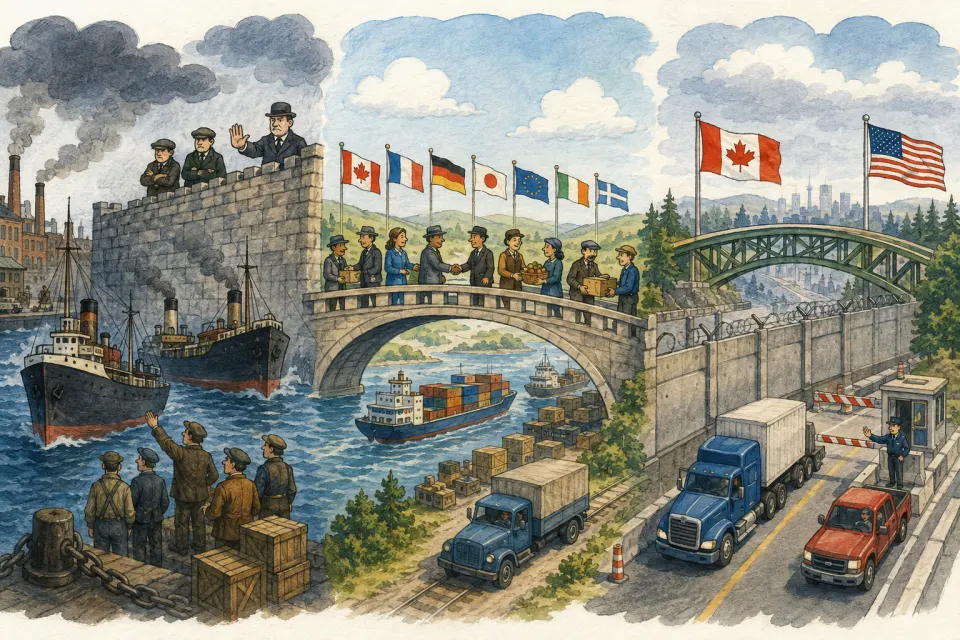 Cartoon timeline of an early trade wall, postwar countries cooperating over an open bridge, and a modern Canada–United States border barrier