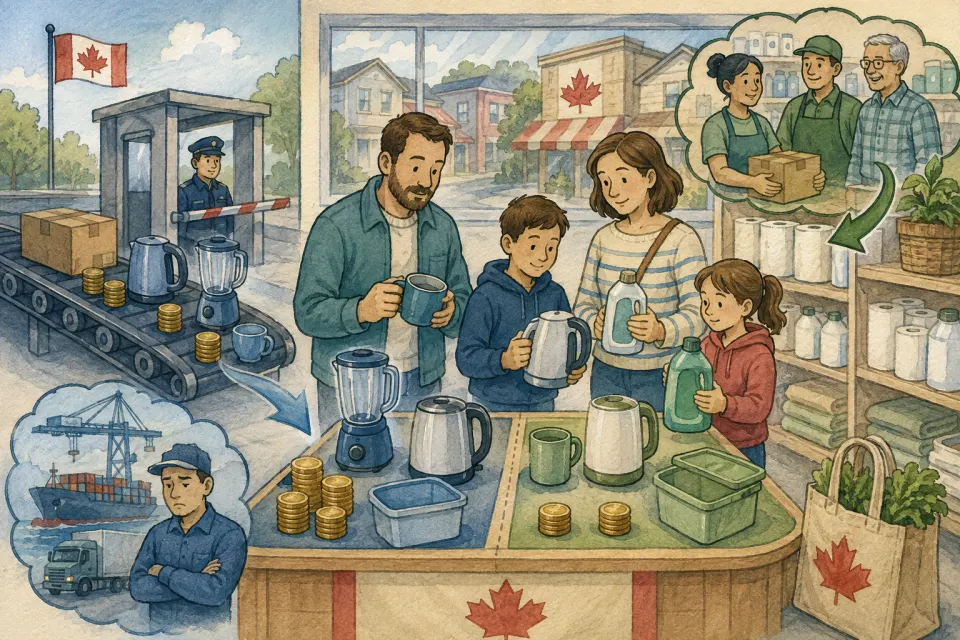 Canadian family comparing household goods while a border conveyor adds costs to imported products and local alternatives sit nearby