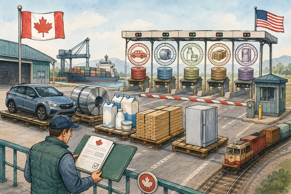 Canadian autos, aluminum, dairy, lumber and appliances waiting at a United States customs barrier with different tariff markers