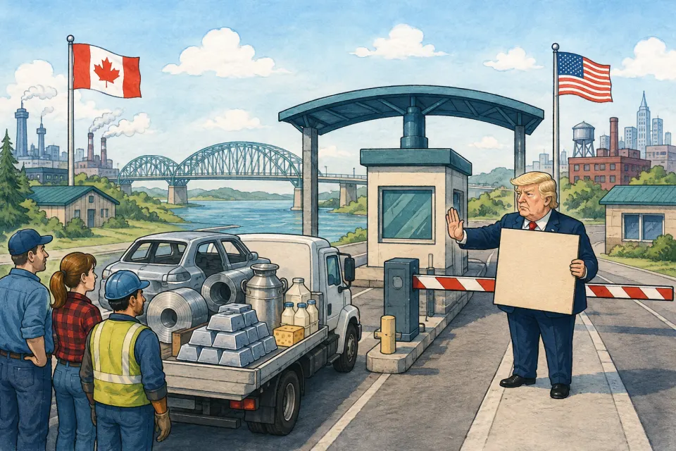 Cartoon depiction of Donald Trump at a Canada–United States border checkpoint holding up a tariff barrier as Canadian goods wait to cross