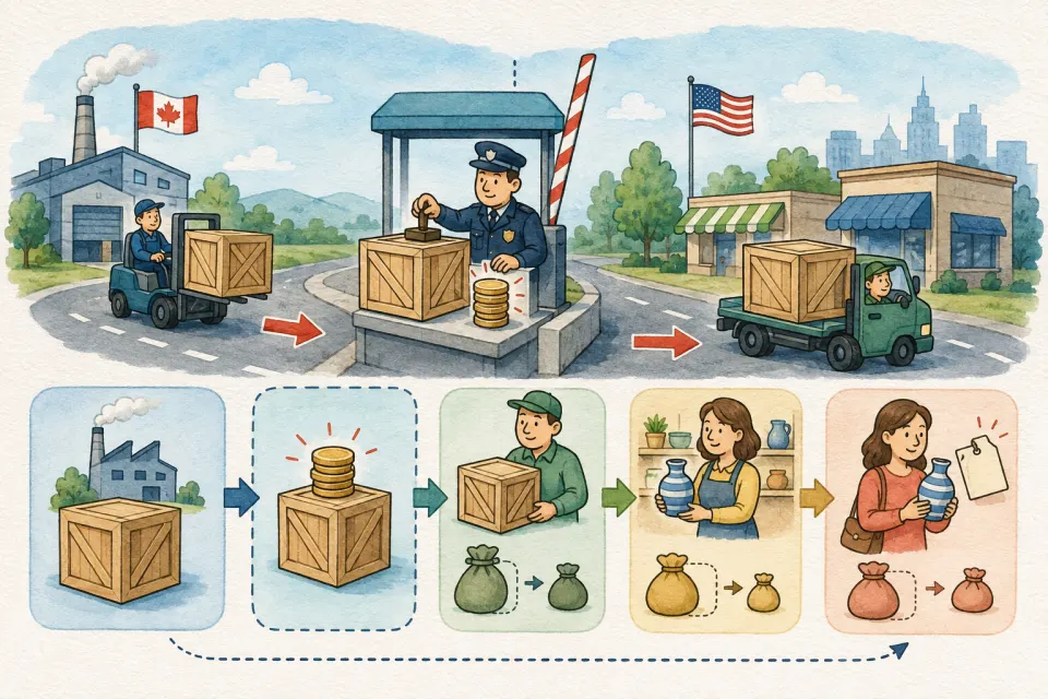 Cartoon diagram of a Canadian shipping crate crossing a U.S. border where a tariff is added before it reaches a store and customer